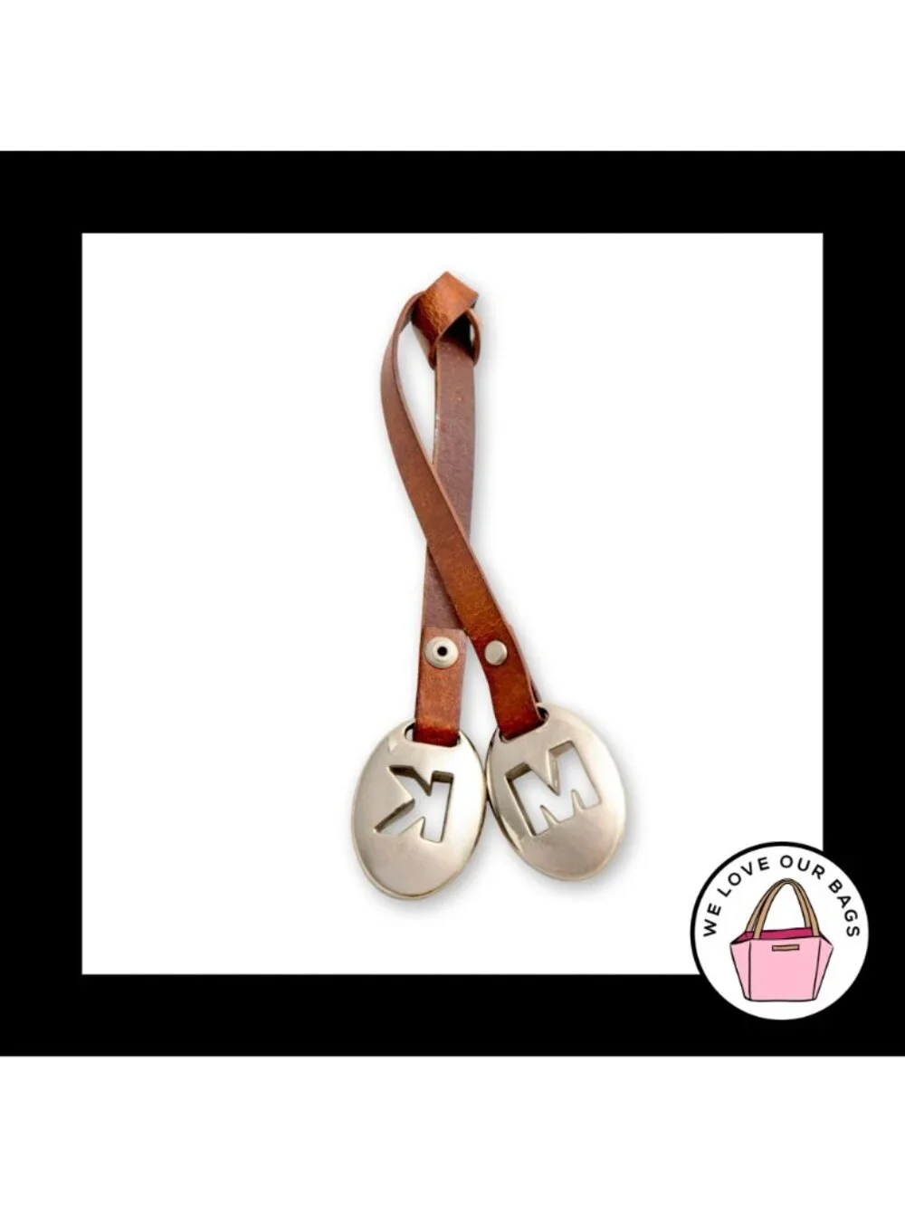 MICHAEL KORS Silver Metal Brown Leather Strap Bag Charm Hang Tag Keychain Fob